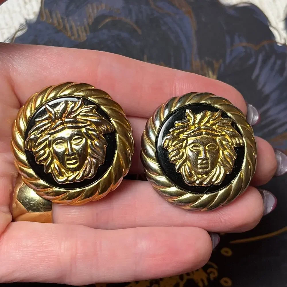 Vintage 80s Oversized XL Gold and Black Cameo Medusa Greek Myth Earrings